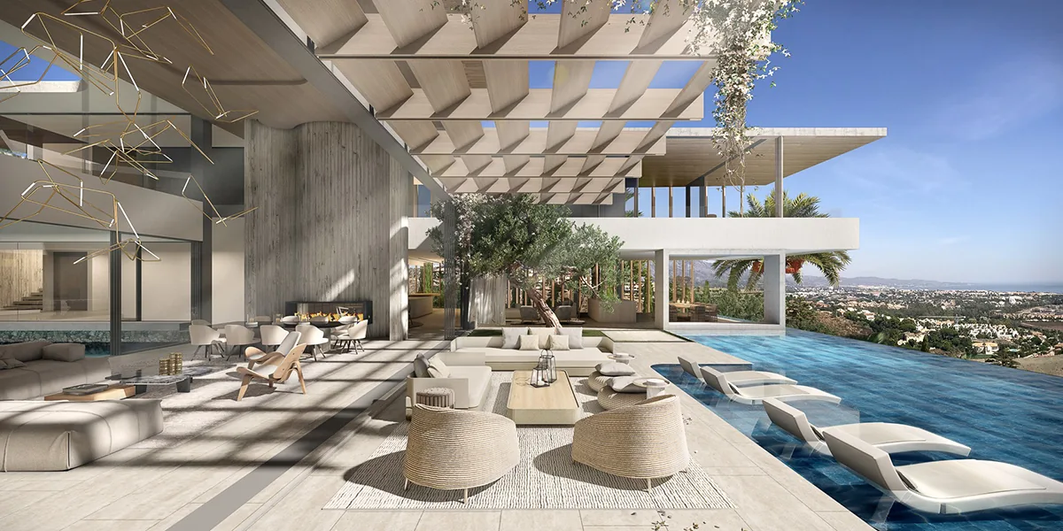 Zona de piscina con pérgola blanca y tumbonas en una promoción de lujo