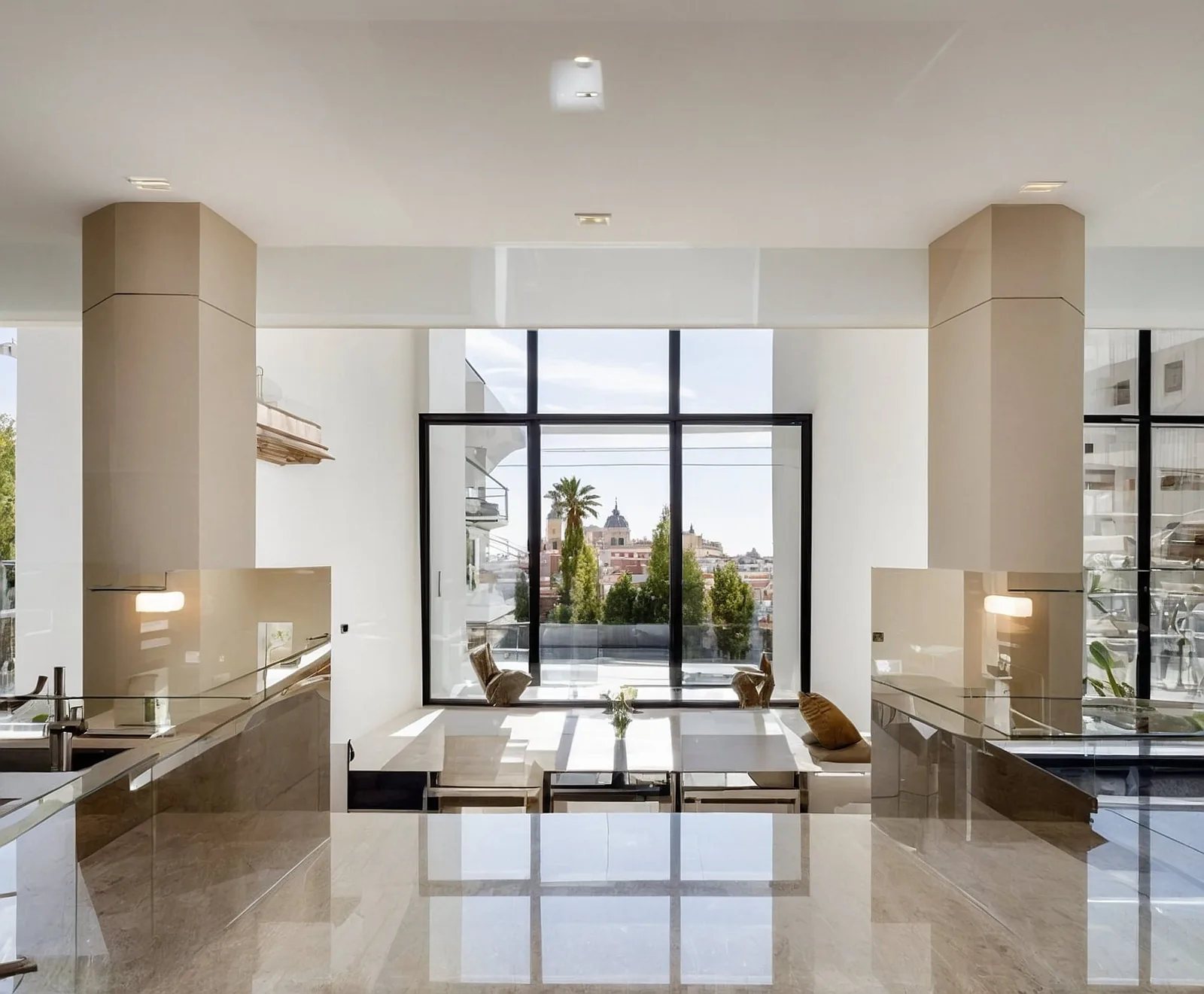 Salón luminoso de una vivienda de lujo con grandes ventanales y vistas a Valencia