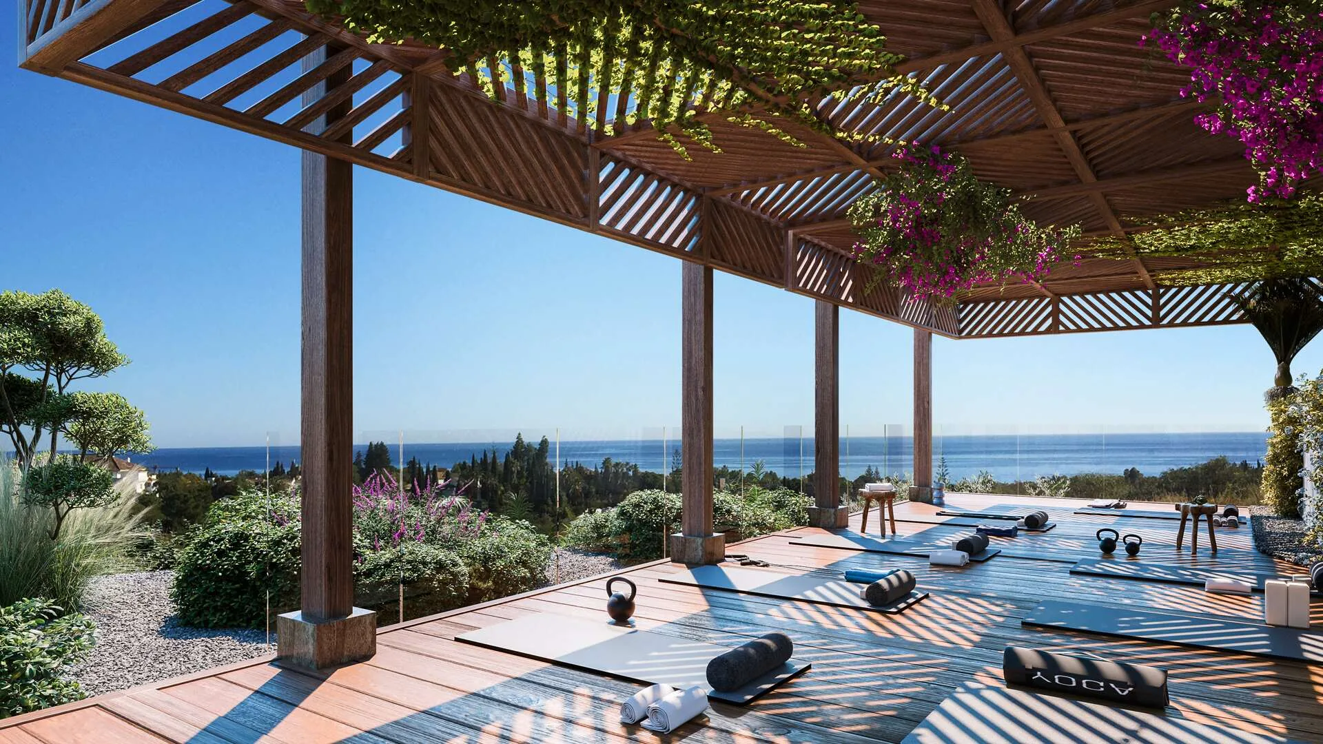Pérgola de madera con buganvilla y vistas al Mediterráneo