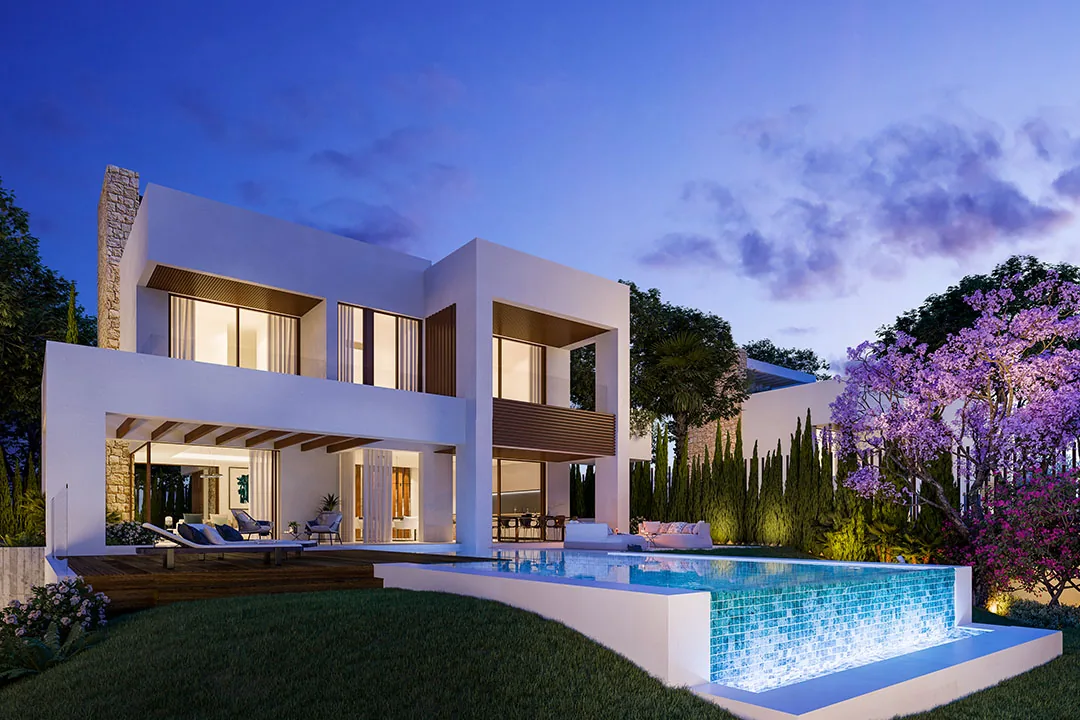 Vivienda unifamiliar moderna con jardín y jacarandás en flor